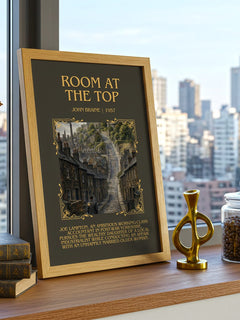 Room At The Top Minimalist Book Poster by John Braine – framed print on a city-view windowsill