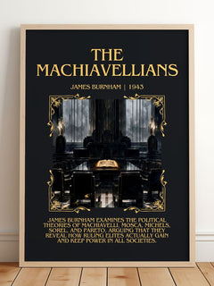 The Machiavellians Minimalist Book Poster by James Burnham – framed print leaning on a wooden floor