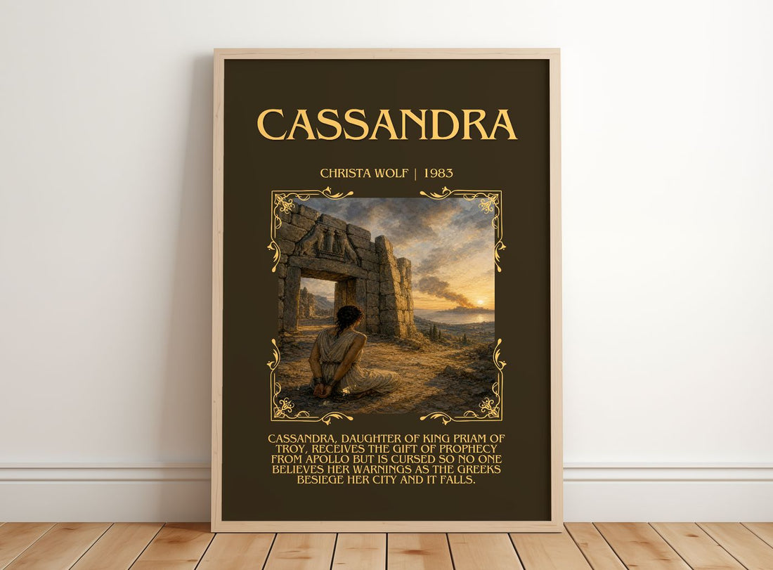 Cassandra Minimalist Book Poster by Christa Wolf – framed print leaning on a wooden floor