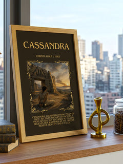 Cassandra Minimalist Book Poster by Christa Wolf – framed print on a city-view windowsill