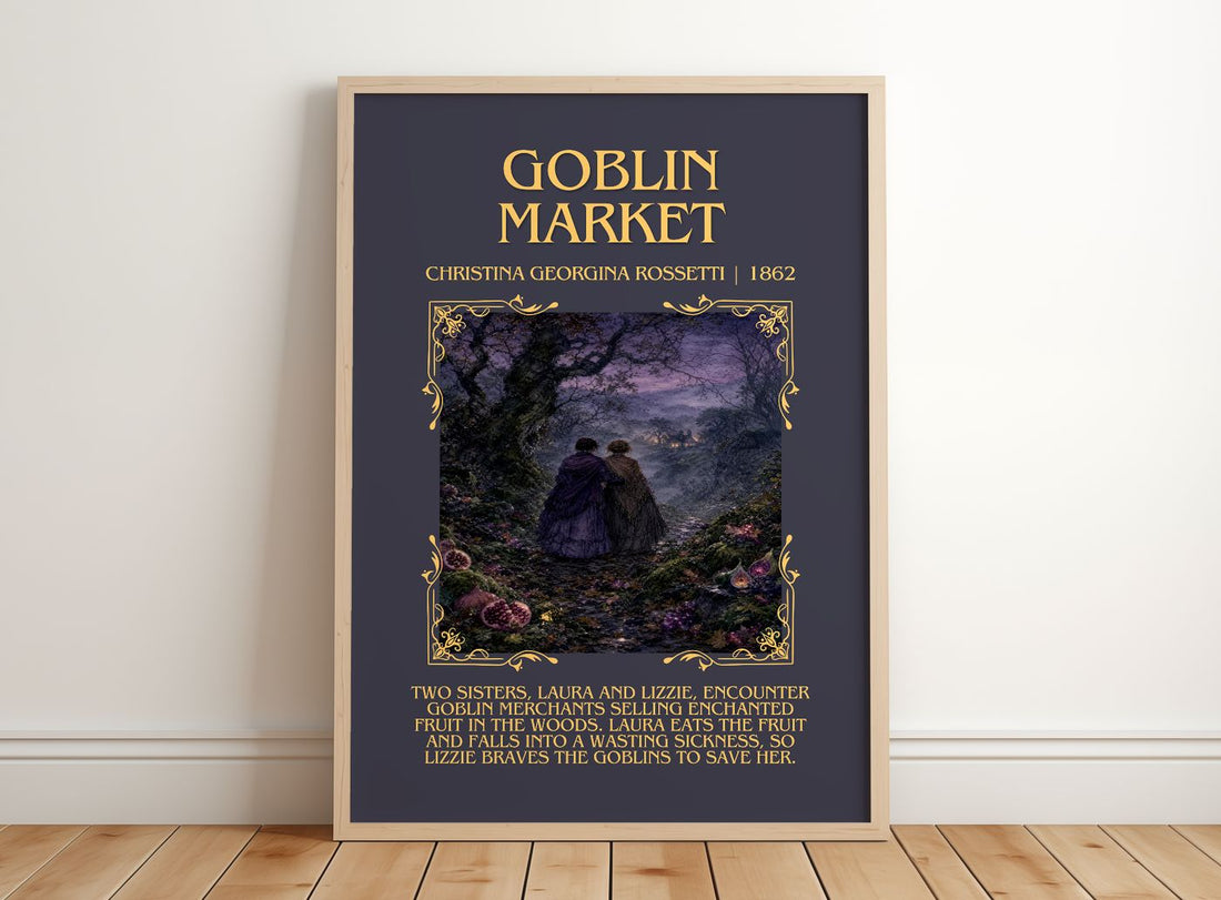 Goblin Market Minimalist Book Poster by Christina Georgina Rossetti – framed print leaning on a wooden floor