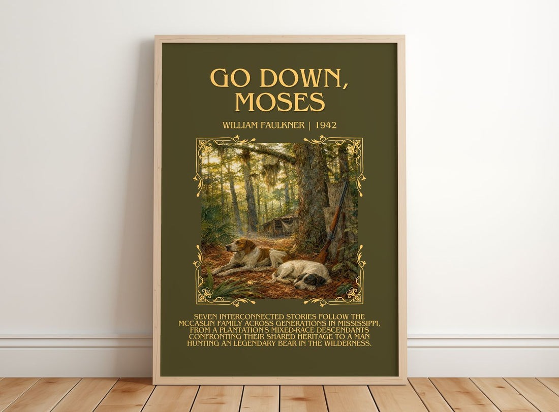 Go Down, Moses Minimalist Book Poster by William Faulkner – framed print leaning on a wooden floor