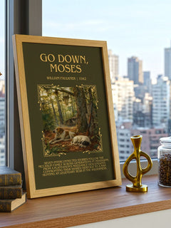 Go Down, Moses Minimalist Book Poster by William Faulkner – framed print on a city-view windowsill