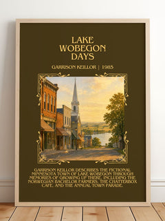 Lake Wobegon Days Minimalist Book Poster by Garrison Keillor – framed print leaning on a wooden floor