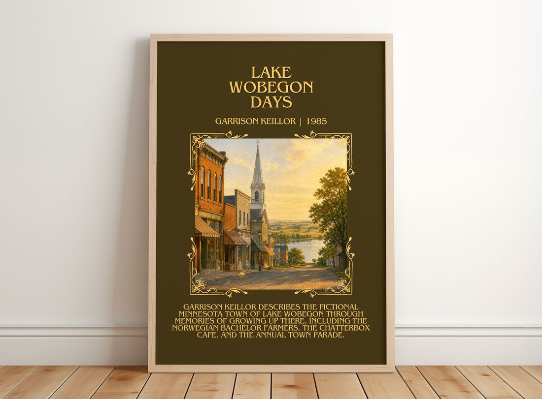 Lake Wobegon Days Minimalist Book Poster by Garrison Keillor – framed print leaning on a wooden floor