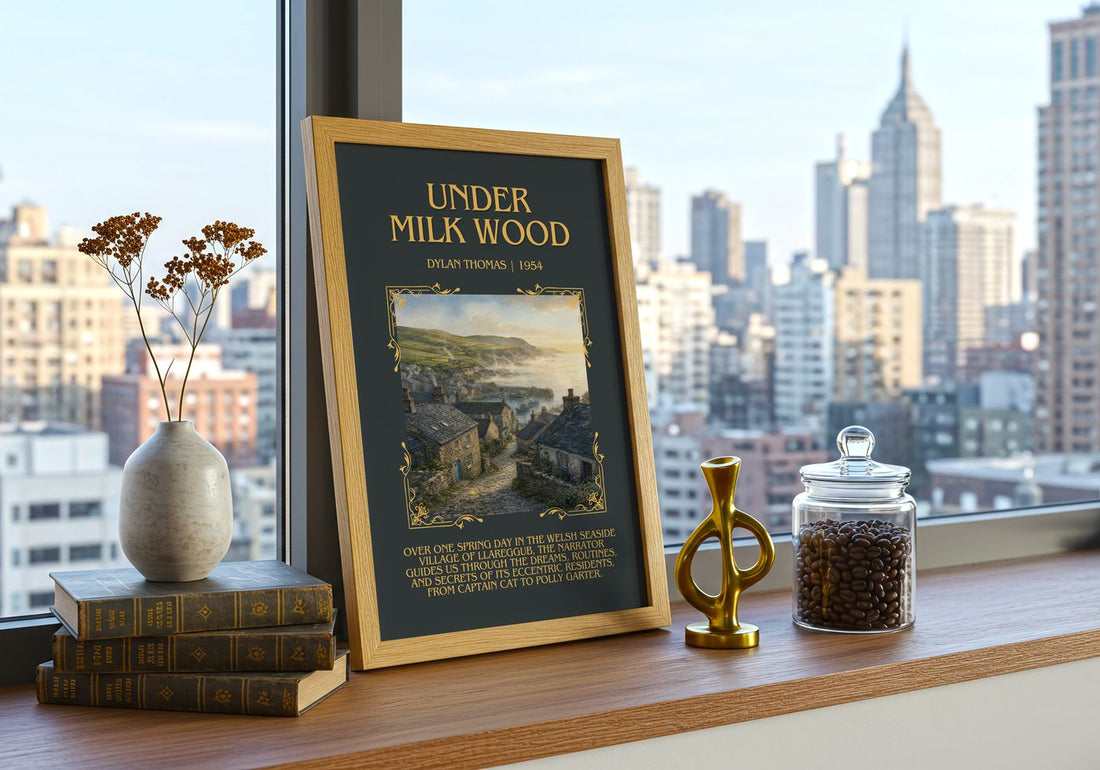 Under Milk Wood Minimalist Book Poster by Dylan Thomas – framed print on a city-view windowsill