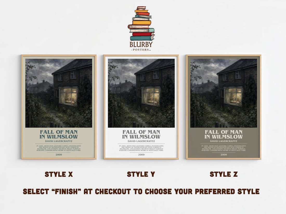 Fall Of Man In Wilmslow bookish print in frame leaning in hallway – historical fiction wall art (mockup)