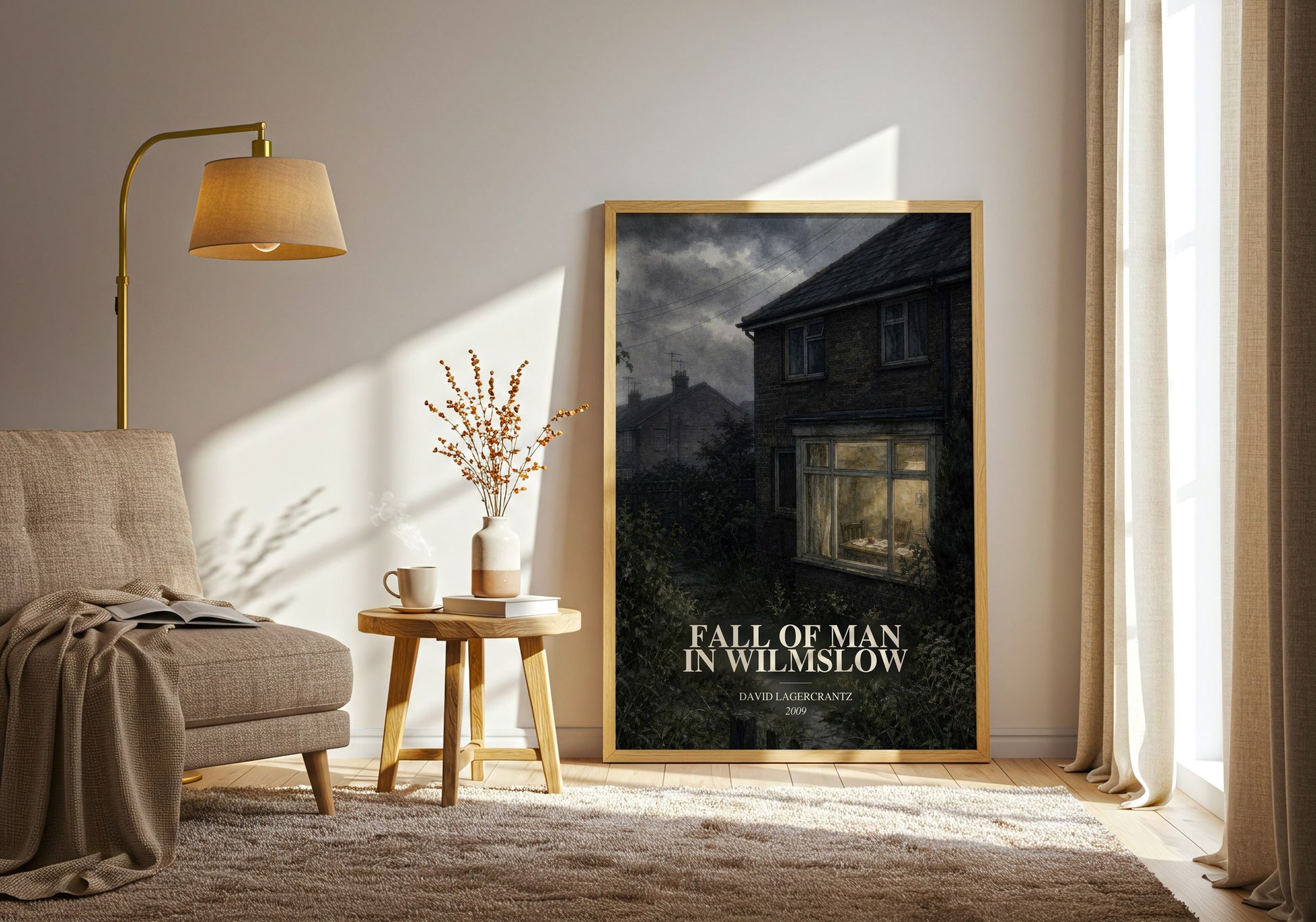 Fall Of Man In Wilmslow watercolour print in frame leaning in hallway – historical fiction wall art