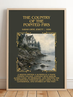 Country of the Pointed Firs Minimalist Book Poster by S. Jewett – framed print leaning on a wooden floor
