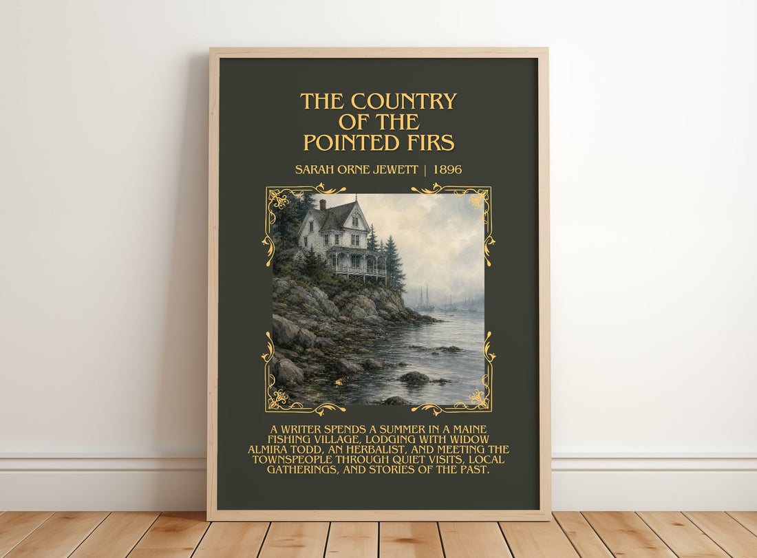Country of the Pointed Firs Minimalist Book Poster by S. Jewett – framed print leaning on a wooden floor