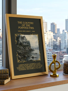Country of the Pointed Firs Minimalist Book Poster by S. Jewett – framed print on a city-view windowsill