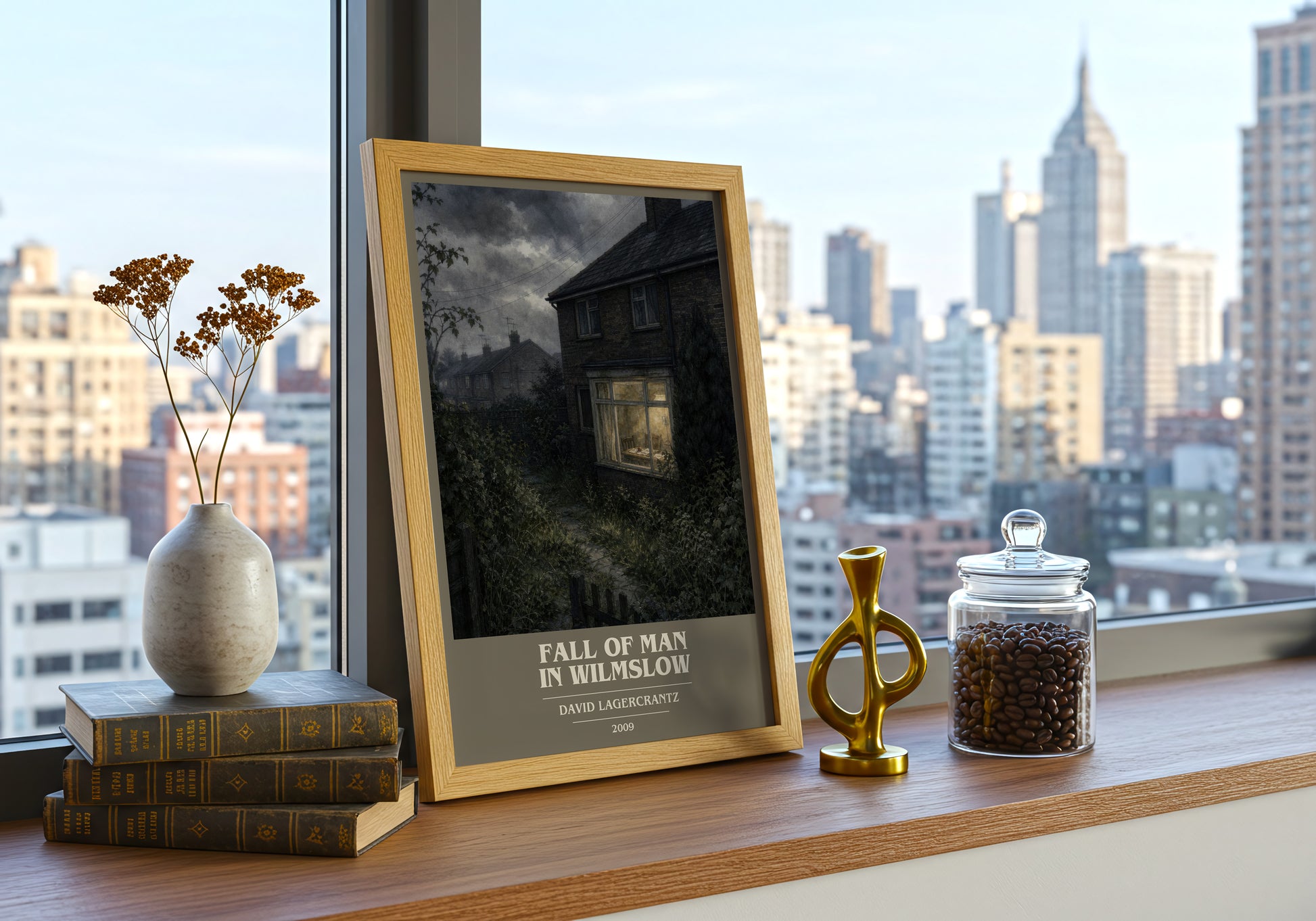Fall Of Man In Wilmslow book cover print framed by window – literary home decor