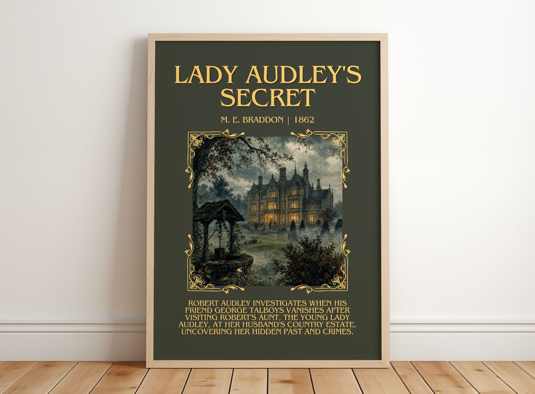 Lady Audley's Secret Minimalist Book Poster by M. E. Braddon – framed print leaning on a wooden floor