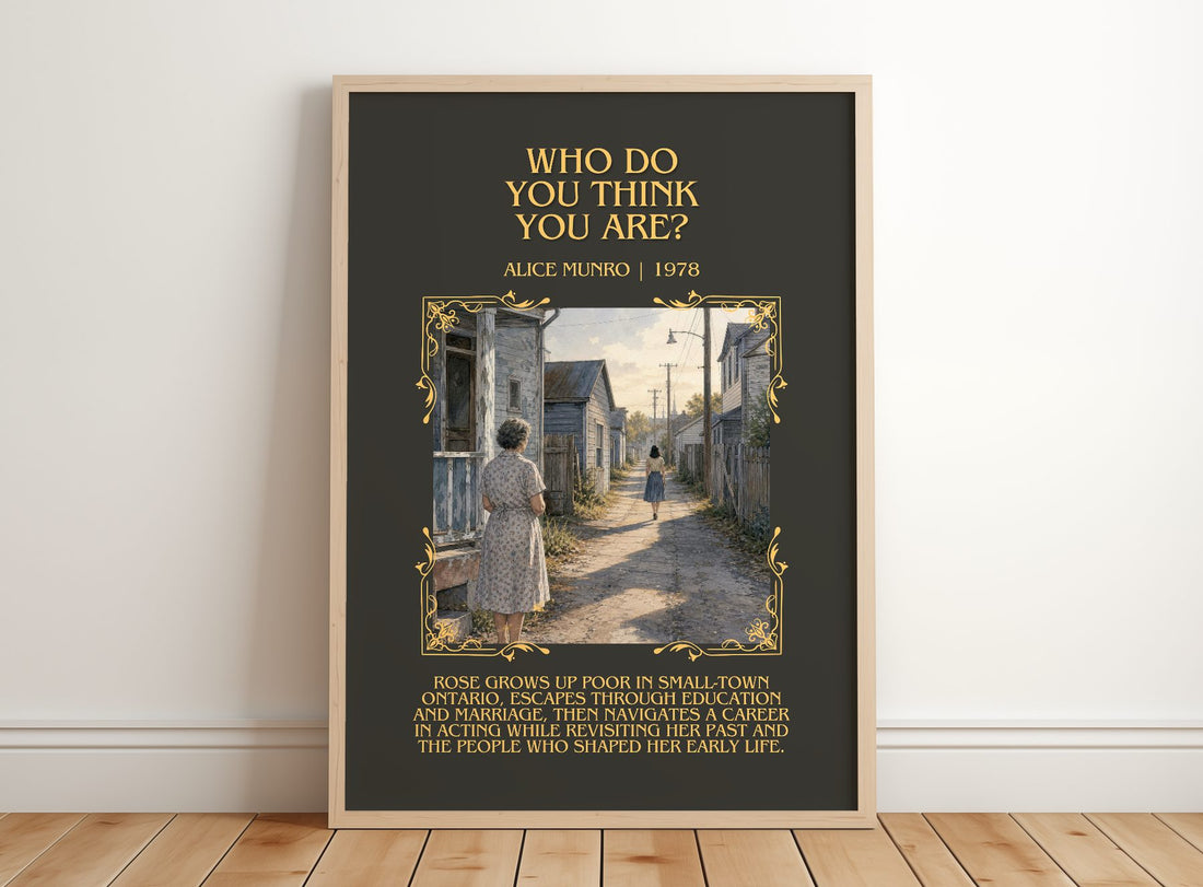 Who Do You Think You Are? Minimalist Book Poster by Alice Munro – framed print leaning on a wooden floor