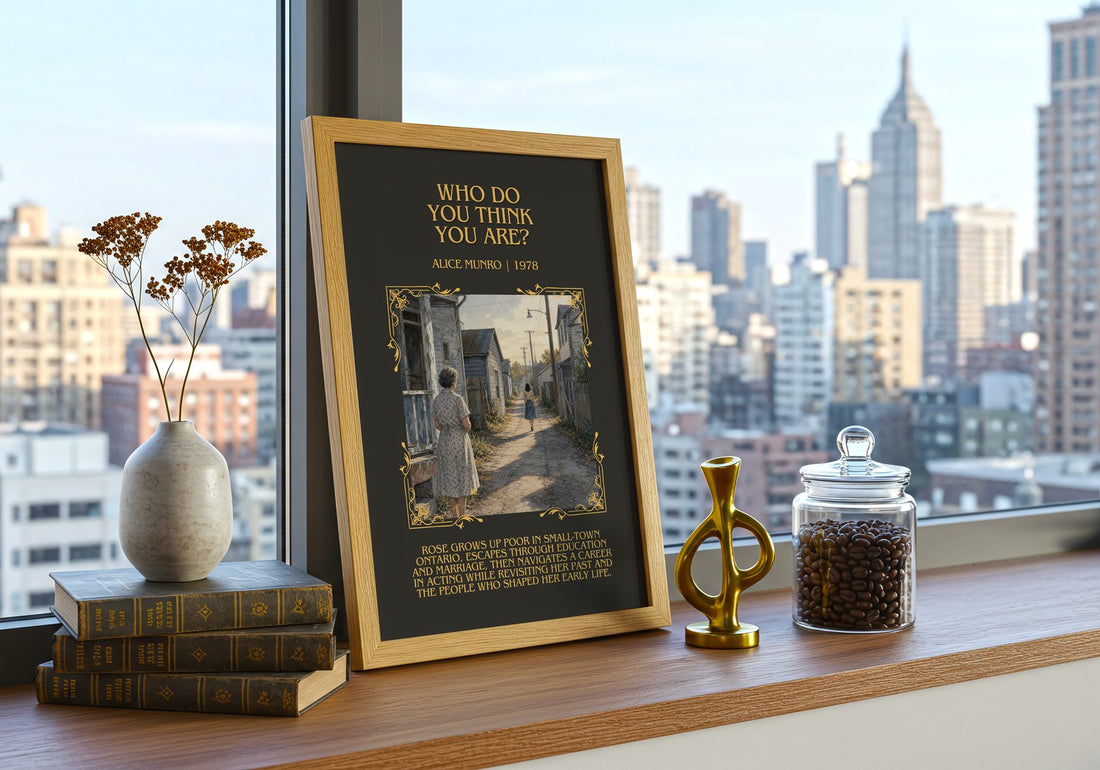 Who Do You Think You Are? Minimalist Book Poster by Alice Munro – framed print on a city-view windowsill