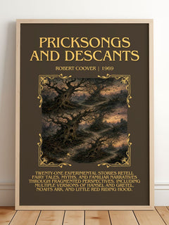 Pricksongs and Descants Minimalist Book Poster by Robert Coover – framed print leaning on a wooden floor