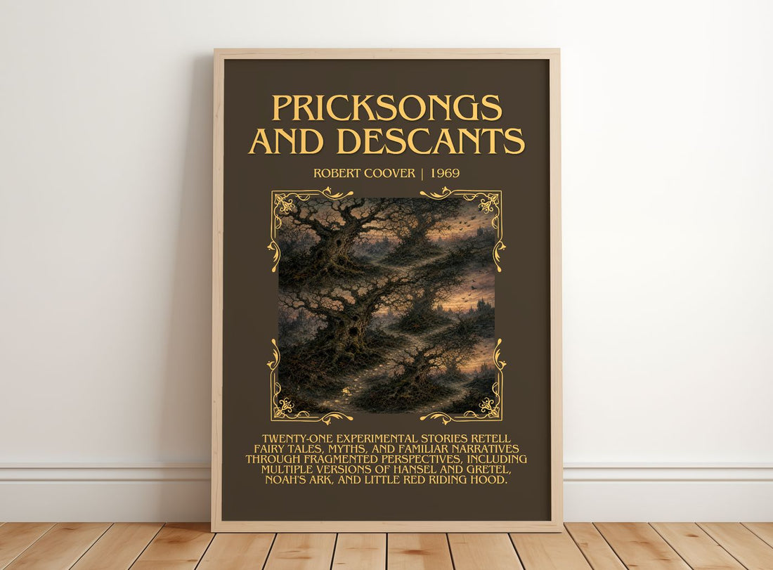Pricksongs and Descants Minimalist Book Poster by Robert Coover – framed print leaning on a wooden floor