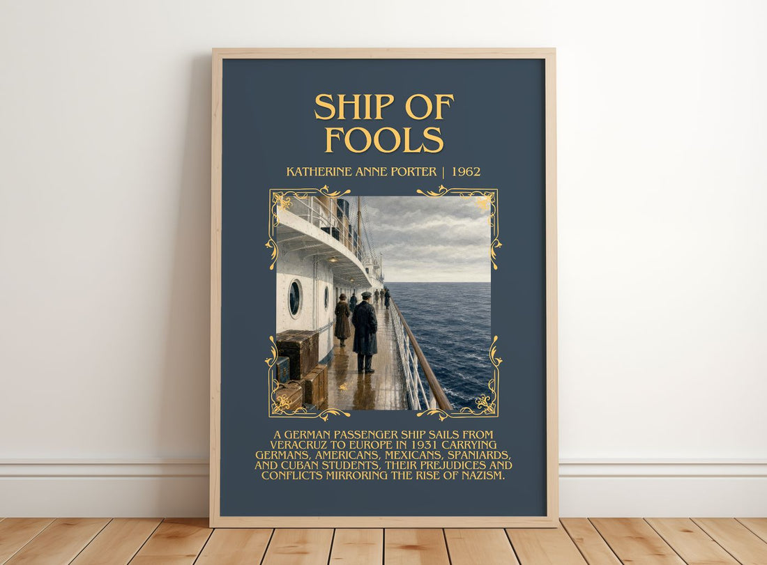 Ship Of Fools Minimalist Book Poster by Katherine Anne Porter – framed print leaning on a wooden floor