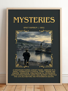 Mysteries Minimalist Book Poster by Knut Hamsun – framed print leaning on a wooden floor