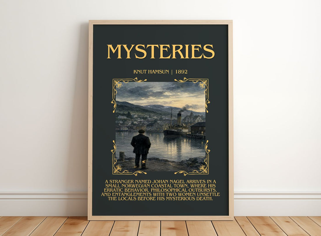 Mysteries Minimalist Book Poster by Knut Hamsun – framed print leaning on a wooden floor