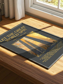 Let the Great World Spin Minimalist Book Poster by Colum McCann – print on a sunlit desk