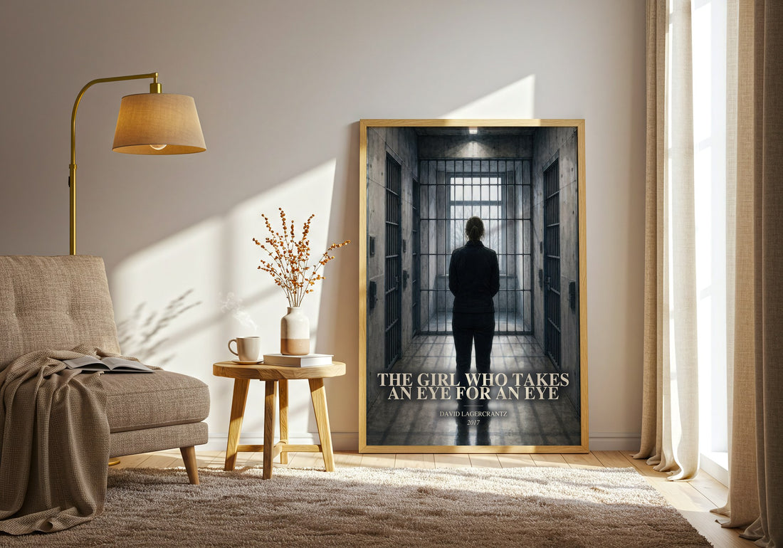 The Girl Who Takes An Eye For An Eye watercolour print in frame leaning in hallway – thriller wall art (mockup)