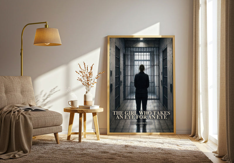 The Girl Who Takes An Eye For An Eye watercolour print in frame leaning in hallway – thriller wall art