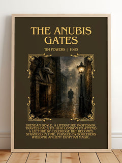 The Anubis Gates Minimalist Book Poster by Tim Powers – framed print leaning on a wooden floor