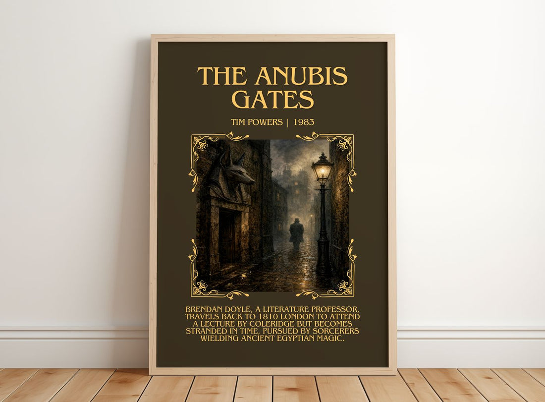 The Anubis Gates Minimalist Book Poster by Tim Powers – framed print leaning on a wooden floor