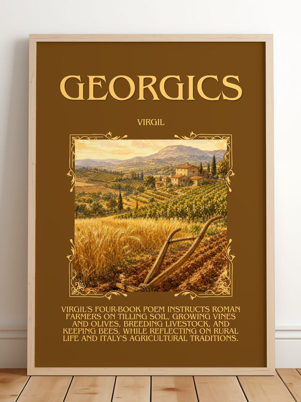 Georgics Minimalist Book Poster by Virgil – framed print leaning on a wooden floor
