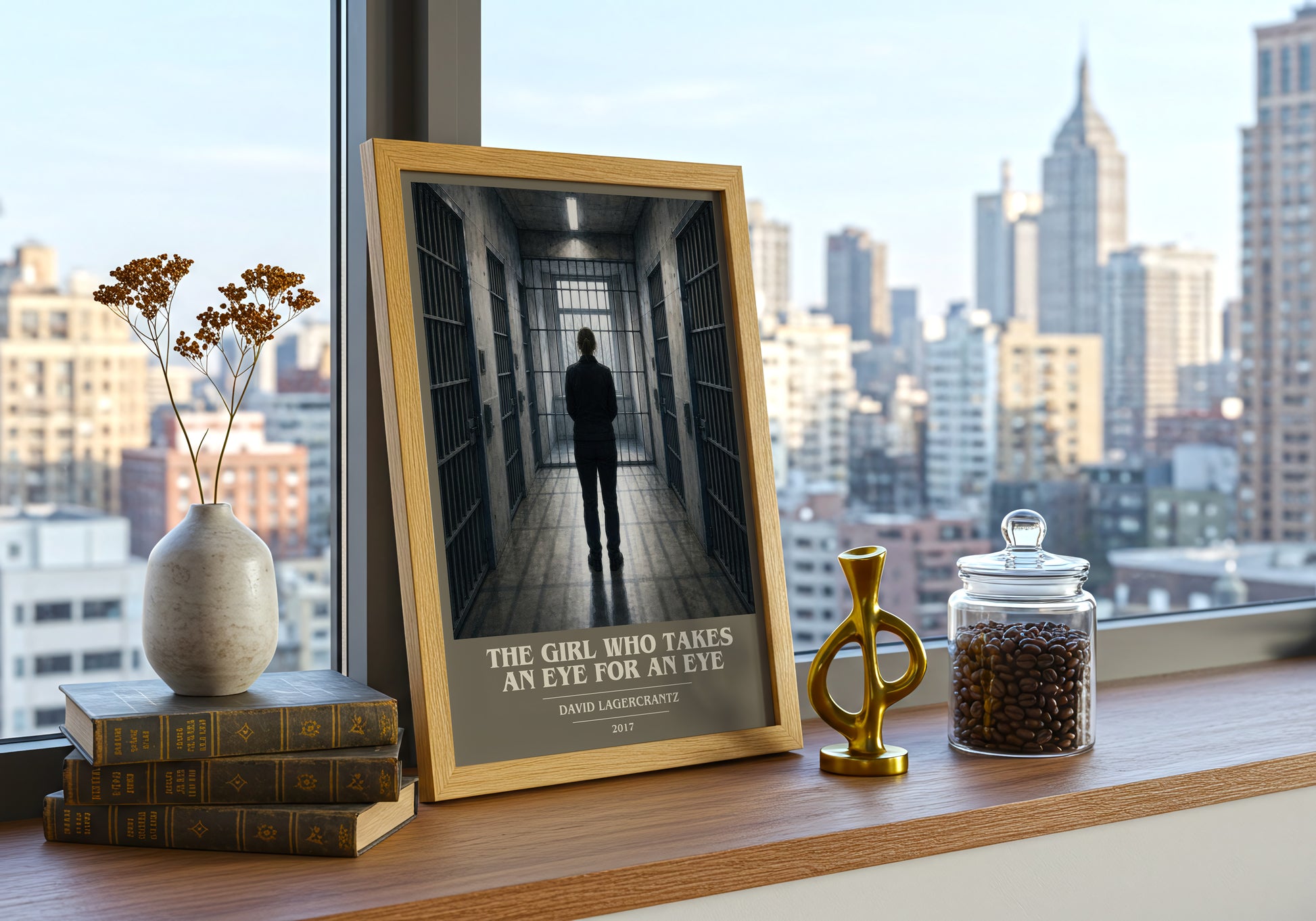 The Girl Who Takes An Eye For An Eye book cover print framed by window – literary home decor