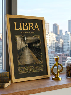 Libra Minimalist Book Poster by Don DeLillo – framed print on a city-view windowsill