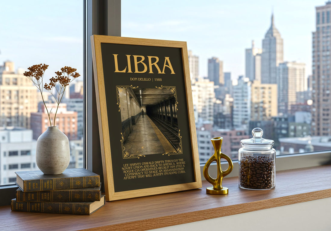 Libra Minimalist Book Poster by Don DeLillo – framed print on a city-view windowsill