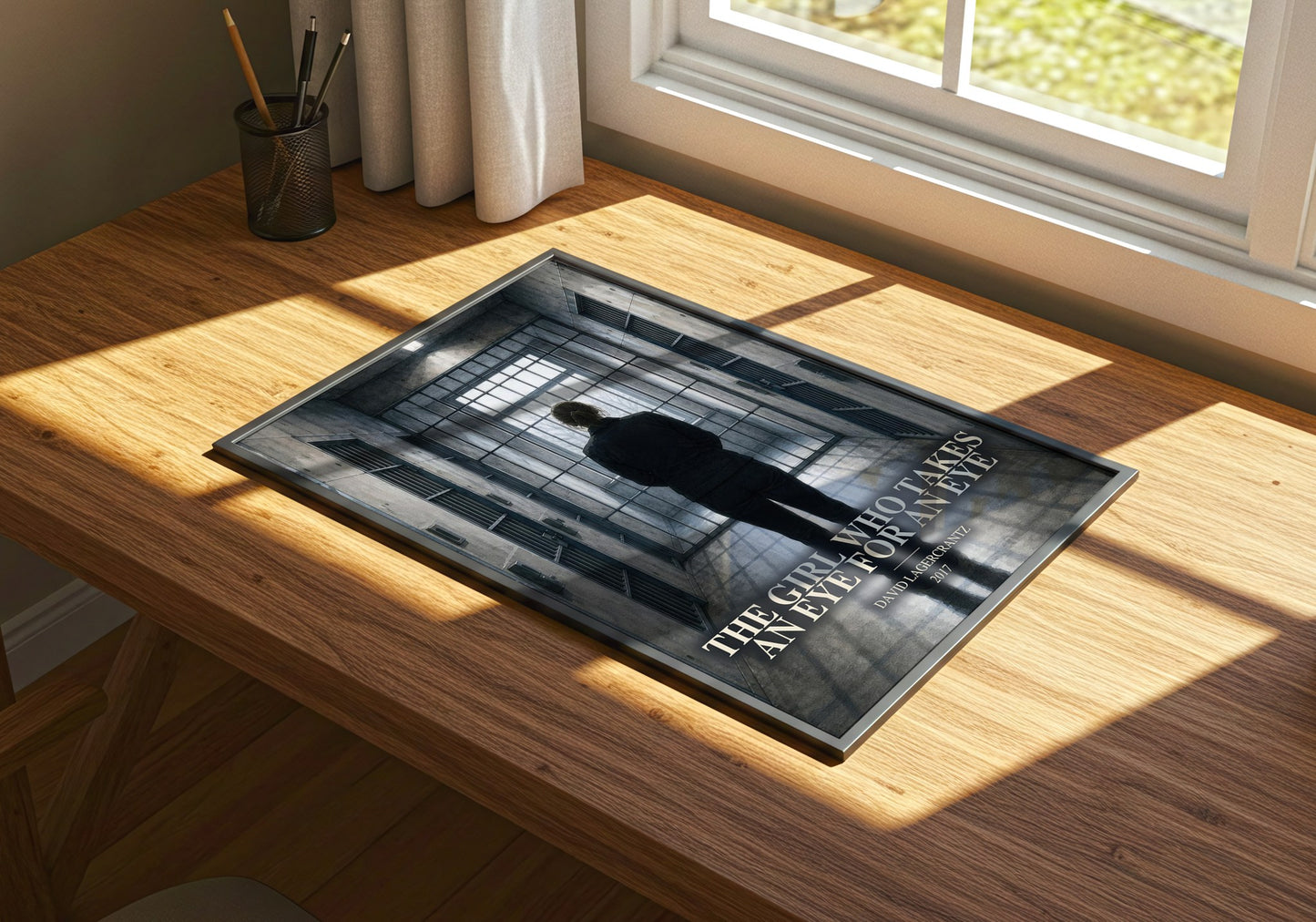 The Girl Who Takes An Eye For An Eye watercolour book poster framed on wall – thriller wall art