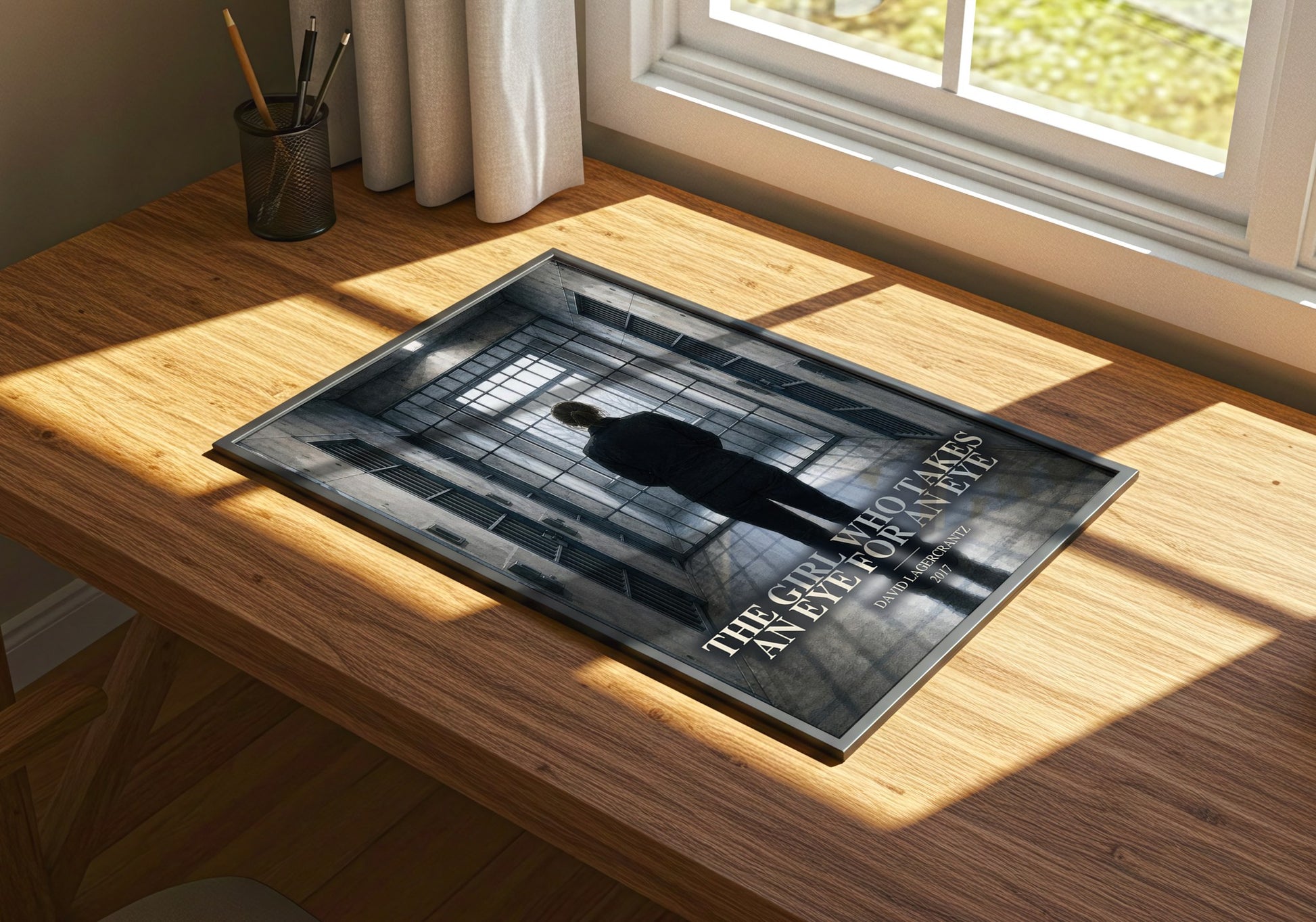 The Girl Who Takes An Eye For An Eye watercolour book poster framed on wall – thriller wall art