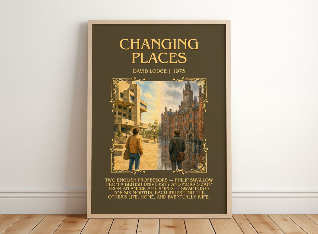 Changing Places Minimalist Book Poster by David Lodge – framed print leaning on a wooden floor