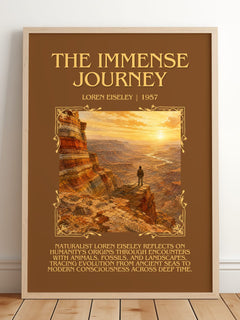 The Immense Journey Minimalist Book Poster by Loren Eiseley – framed print leaning on a wooden floor