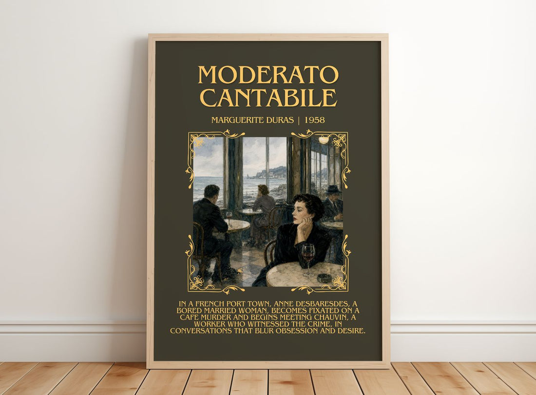 Moderato Cantabile Minimalist Book Poster by Marguerite Duras – framed print leaning on a wooden floor