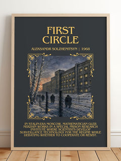 First Circle Minimalist Book Poster by Aleksandr Solzhenitsyn – framed print leaning on a wooden floor