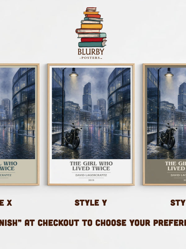 The Girl Who Lived Twice book cover print in frame leaning in hallway – thriller wall art