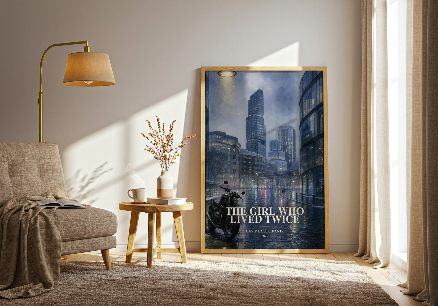 The Girl Who Lived Twice watercolour print in frame leaning in hallway – thriller wall art