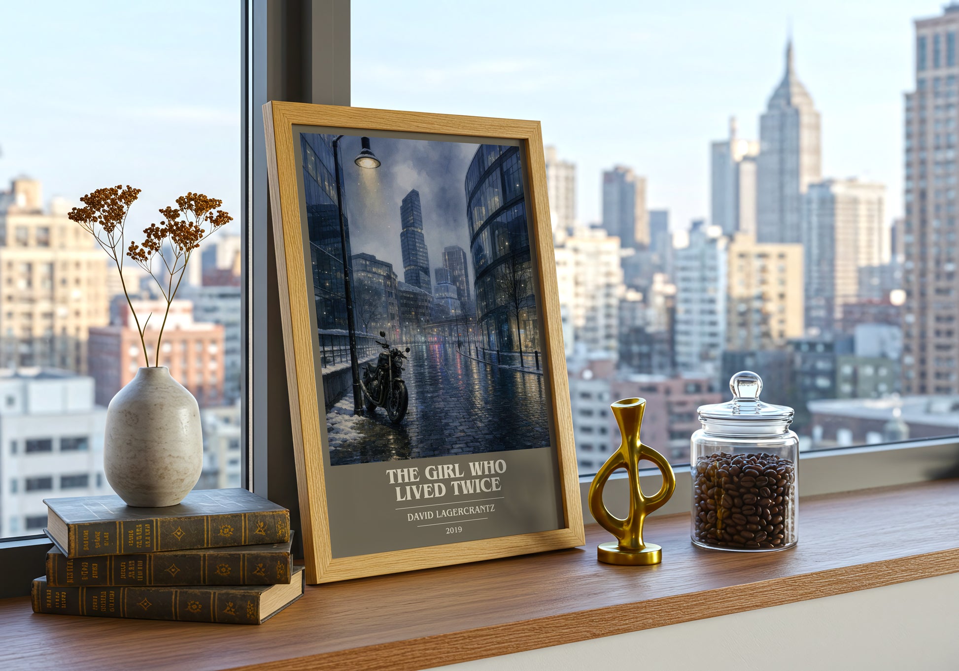 The Girl Who Lived Twice book cover print framed by window – literary home decor