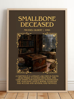 Smallbone Deceased Minimalist Book Poster by Michael Gilbert – framed print leaning on a wooden floor