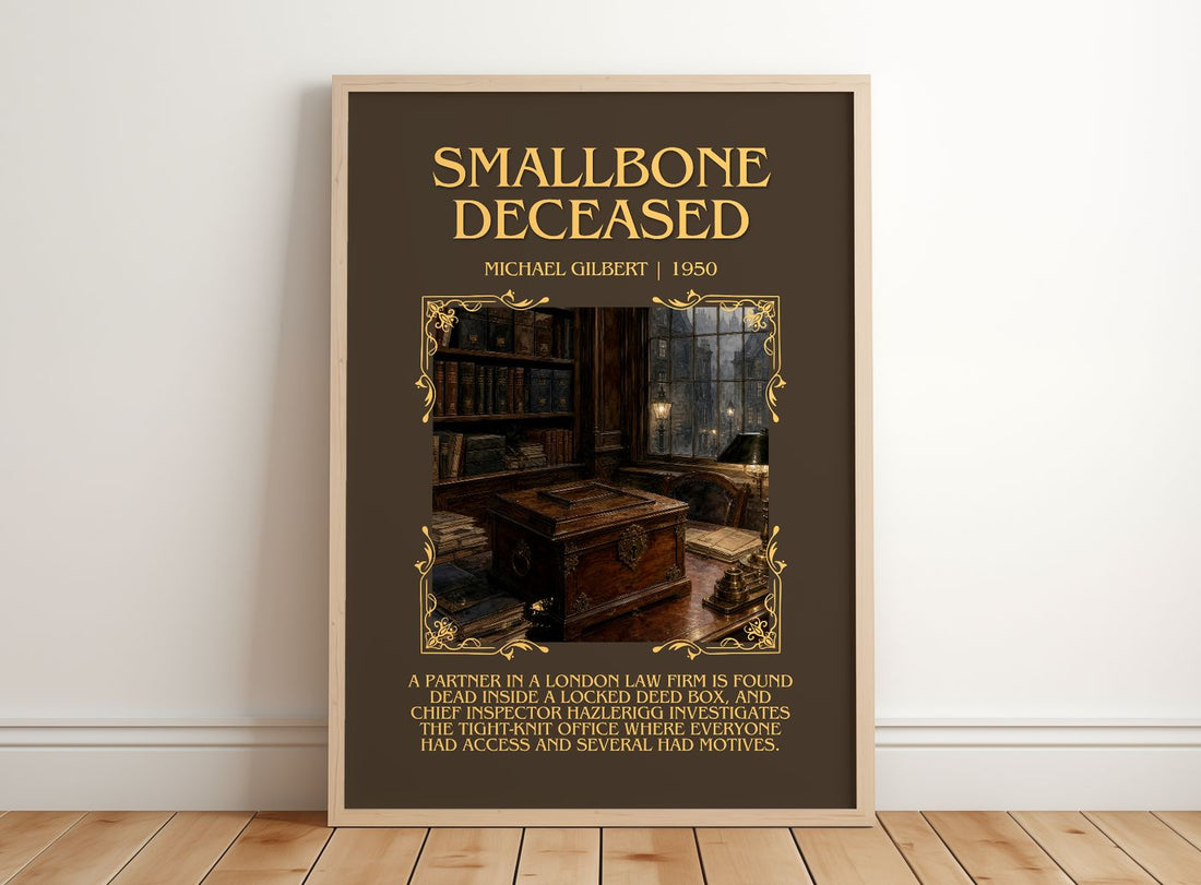 Smallbone Deceased Minimalist Book Poster by Michael Gilbert – framed print leaning on a wooden floor