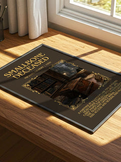 Smallbone Deceased Minimalist Book Poster by Michael Gilbert – print on a sunlit desk