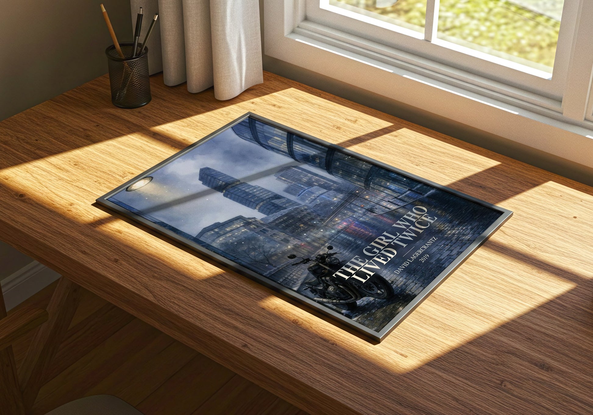 The Girl Who Lived Twice watercolour book poster framed on wall – thriller wall art