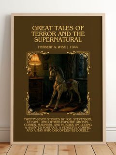Great Tales Of Terror And The Supernatural Minimalist Book Poster by Herbert A. Wise – framed print leaning on a wooden floor