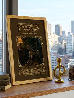 Great Tales Of Terror And The Supernatural Minimalist Book Poster by Herbert A. Wise – framed print on a city-view windowsill