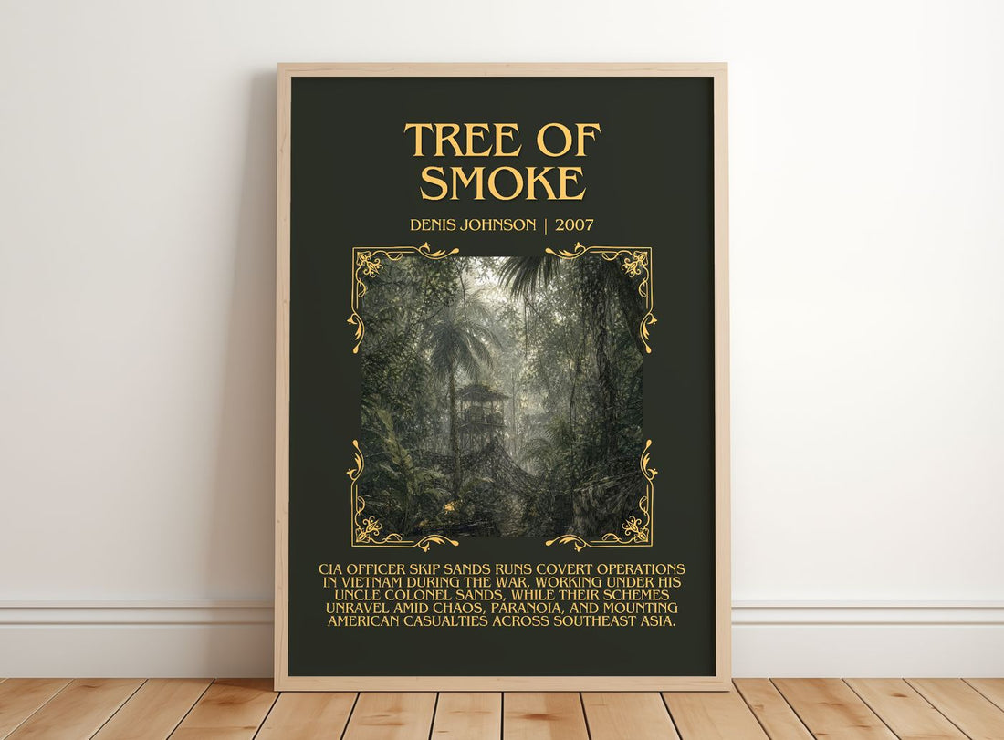 Tree of Smoke Minimalist Book Poster by Denis Johnson – framed print leaning on a wooden floor