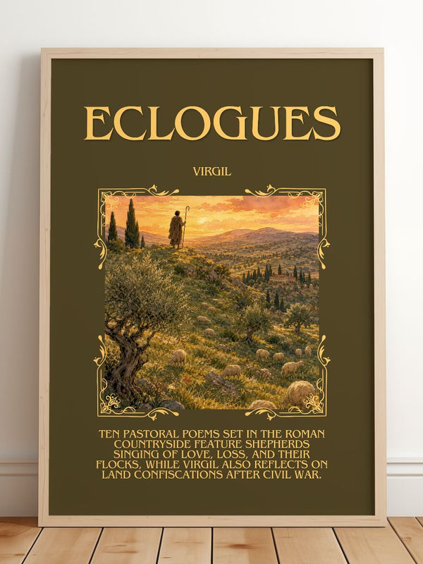 Eclogues Minimalist Book Poster by Virgil – framed print leaning on a wooden floor